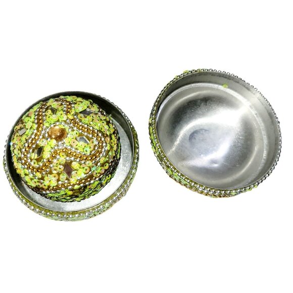 Vintage Round Nesting Trinket Boxes Green Beaded and Mirrored Four in One - Picture 6 of 12